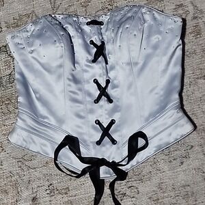 Pinky & Me Satin Corset Top 6 Silver Beaded‎ Lace Up Whimsigoth Rockabilly Retro